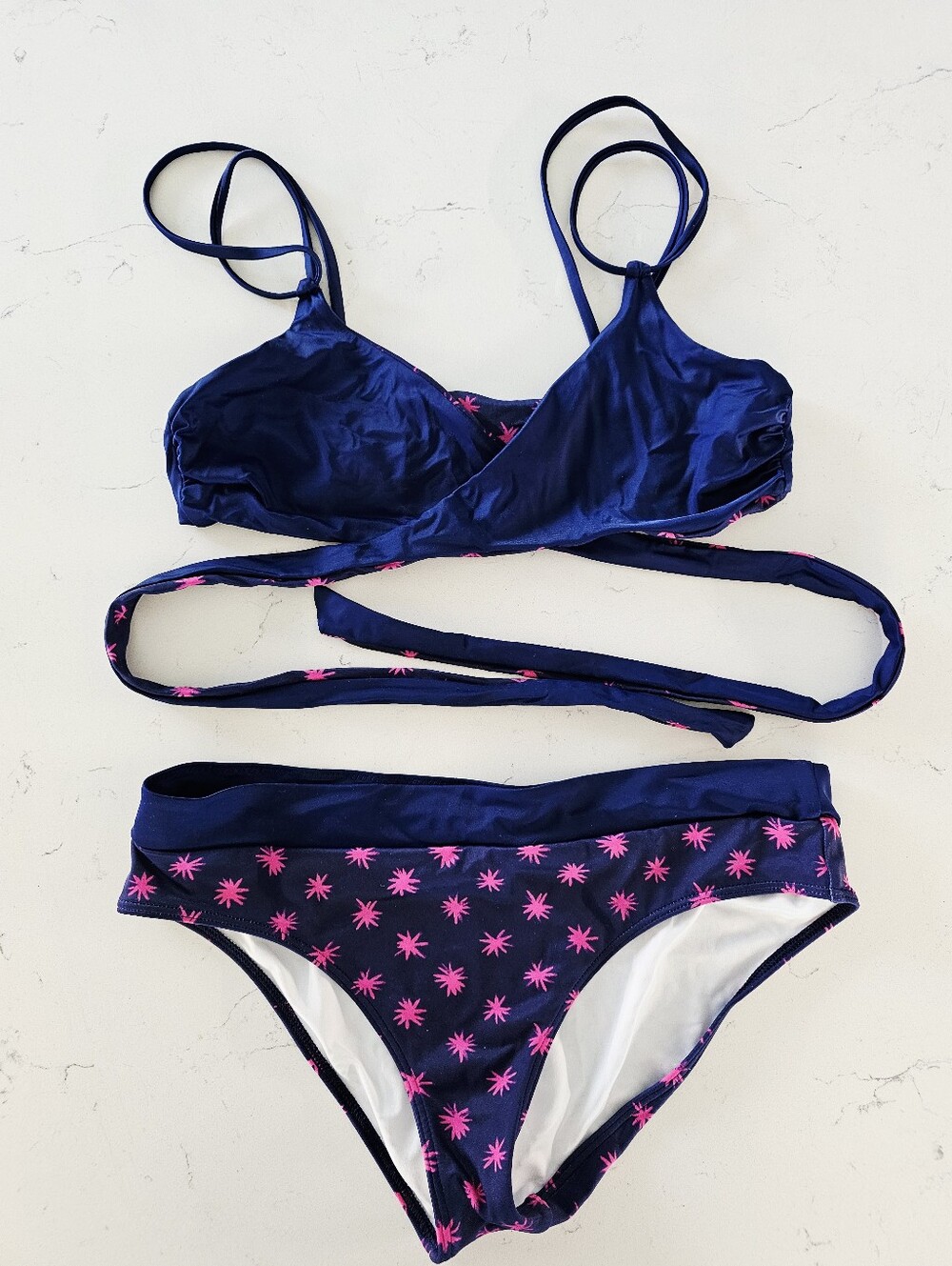 Lands End Reversible Women's Navy Swim WrapBikini Set with Pink Starburst Print - Picture 7 of 9
